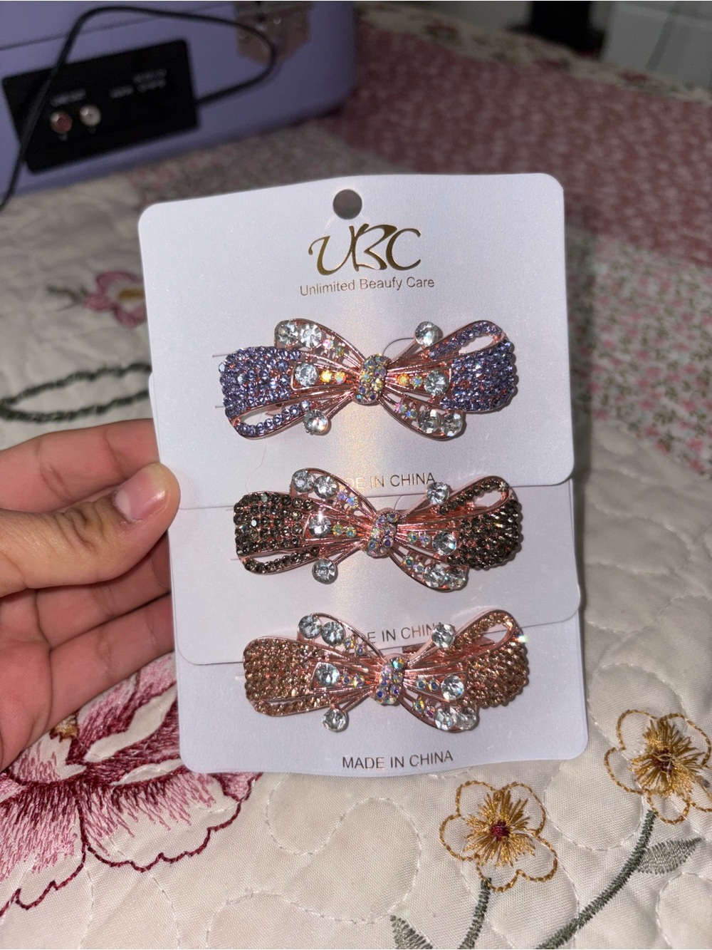 Crystal Bow Hair Clips - Pink & Rose Gold Set of 3
